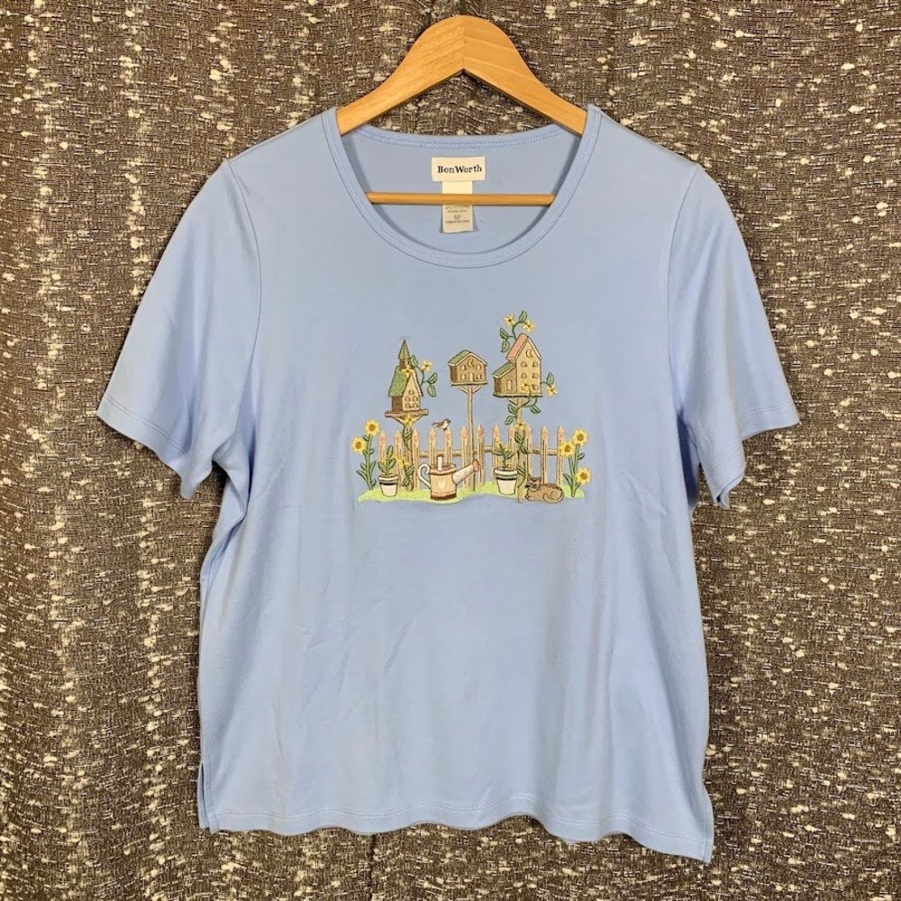 BonWorth Light Blue Embroidered Garden Short Sleeve Top Cottage Women's SP